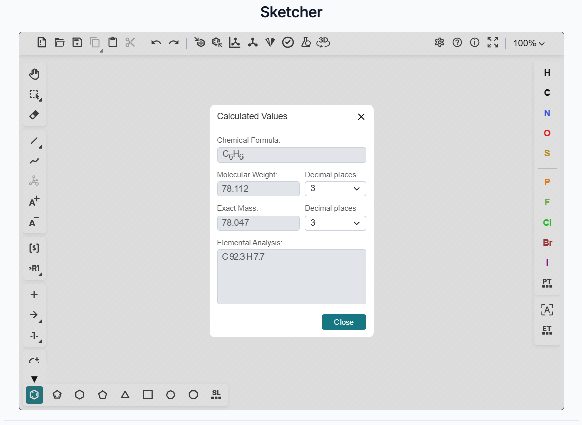 Calculated values tab of Sketcher
