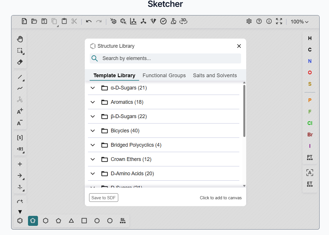 Structure library of the Sketcher tool